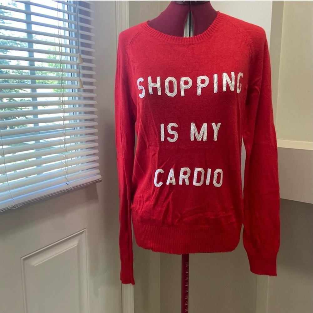 Wildfox women red shopping is my cardio sequins motif sweater. Size L. NWT